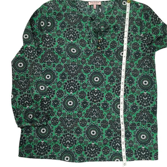 Juicy Couture Blouse Long Sleeve Green Tie Neck Top Kaleidoscope Geometric Print - Picture 4 of 9